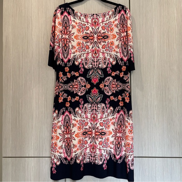 Eliza J | Multicolor Paisley & Floral Print Shift Midi Dress | Pink‎ Navy | 10 - Picture 5 of 12